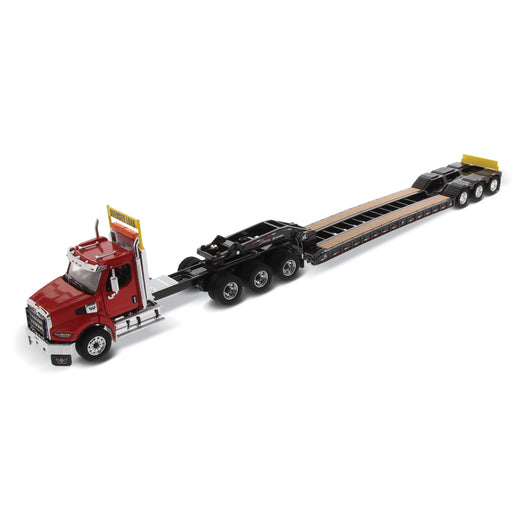 1:50 Western Star 49X SB Tridem Tractor - Opening Hood - Detroit Diesel Engine - Opening Doors & Interior XL 120 HDG Drop Deck Trailer, with Single & Tandem Axle Boosters Cab - Red + Trailer & Boosters - Black
