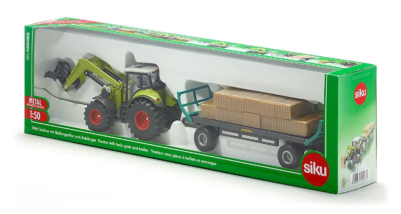 SIKU 1:50 Scale Tractor With Square Bale Grab And Bale Trailer