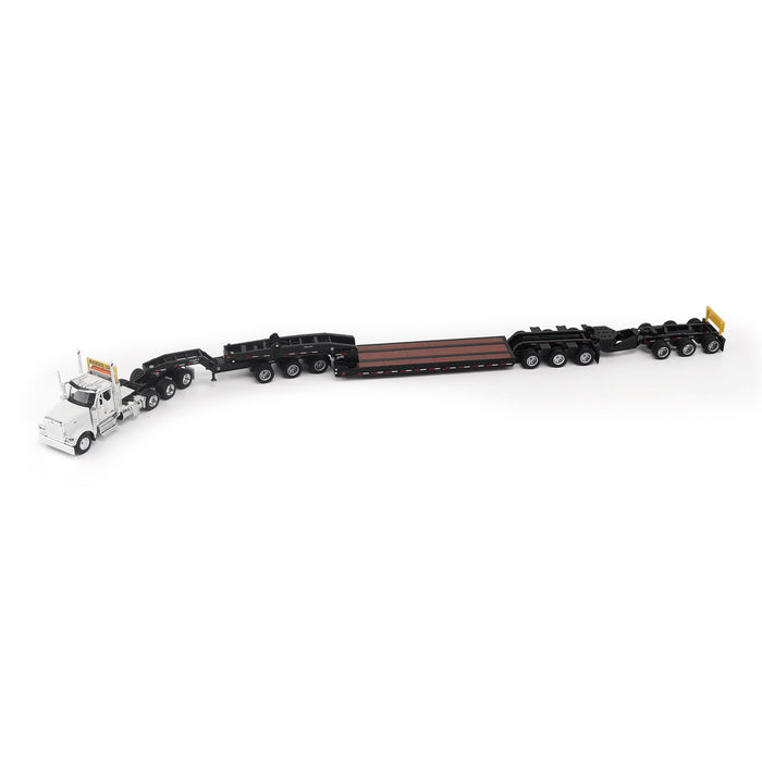 1:64 Peterbilt Model 589 131-inches-BBC Day-Cab Tridem-Axle Truck Tractor (White color) + 1:64 Trail King TK170 Hydraulic Detachable Gooseneck Lowboy Trailer with Jeep & Booster