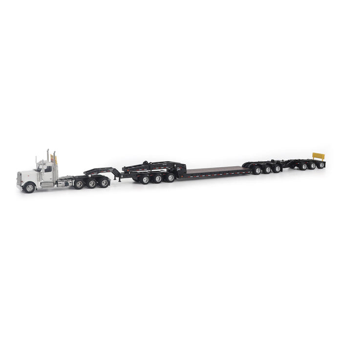1:64 Peterbilt Model 589 131-inches-BBC Day-Cab Tridem-Axle Truck Tractor (White color) + 1:64 Trail King TK170 Hydraulic Detachable Gooseneck Lowboy Trailer with Jeep & Booster