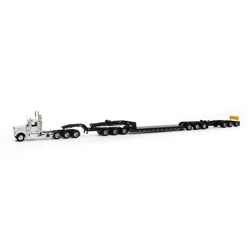 1:64 Peterbilt Model 589 131-inches-BBC Day-Cab Tridem-Axle Truck Tractor (White color) + 1:64 Trail King TK170 Hydraulic Detachable Gooseneck Lowboy Trailer with Jeep & Booster