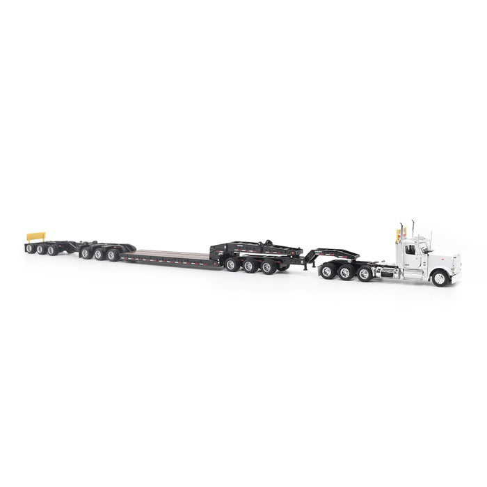 1:64 Peterbilt Model 589 131-inches-BBC Day-Cab Tridem-Axle Truck Tractor (White color) + 1:64 Trail King TK170 Hydraulic Detachable Gooseneck Lowboy Trailer with Jeep & Booster
