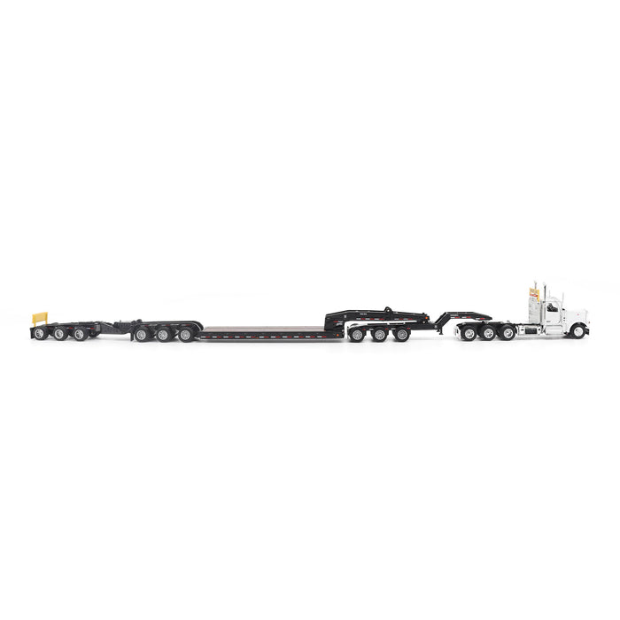 1:64 Peterbilt Model 589 131-inches-BBC Day-Cab Tridem-Axle Truck Tractor (White color) + 1:64 Trail King TK170 Hydraulic Detachable Gooseneck Lowboy Trailer with Jeep & Booster