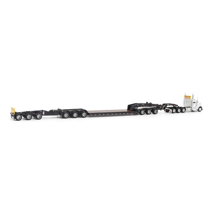 1:64 Peterbilt Model 589 131-inches-BBC Day-Cab Tridem-Axle Truck Tractor (White color) + 1:64 Trail King TK170 Hydraulic Detachable Gooseneck Lowboy Trailer with Jeep & Booster