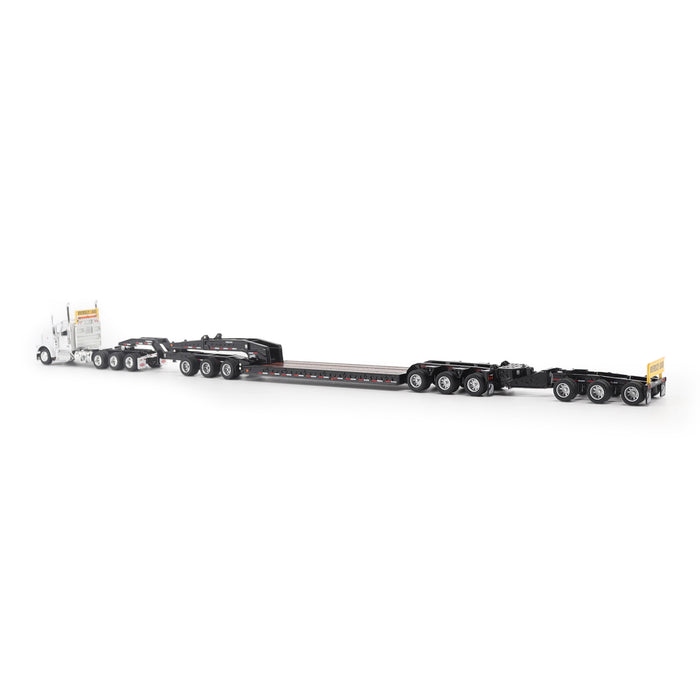 1:64 Peterbilt Model 589 131-inches-BBC Day-Cab Tridem-Axle Truck Tractor (White color) + 1:64 Trail King TK170 Hydraulic Detachable Gooseneck Lowboy Trailer with Jeep & Booster