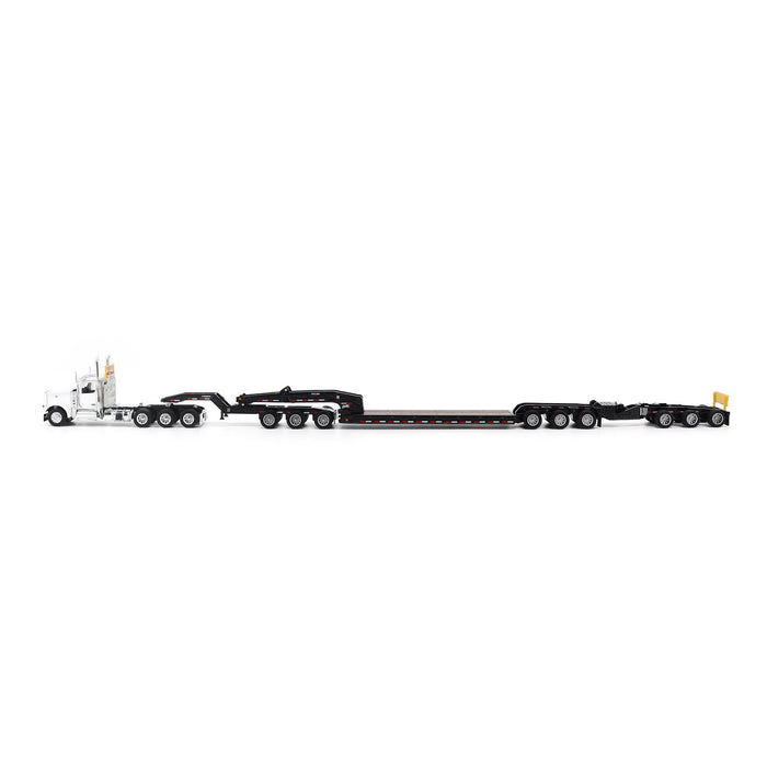 1:64 Peterbilt Model 589 131-inches-BBC Day-Cab Tridem-Axle Truck Tractor (White color) + 1:64 Trail King TK170 Hydraulic Detachable Gooseneck Lowboy Trailer with Jeep & Booster