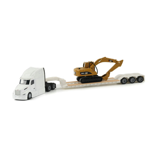 1:87 White Peterbilt 579 Tractor With Lowboy Trailer and Cat 315C Excavator