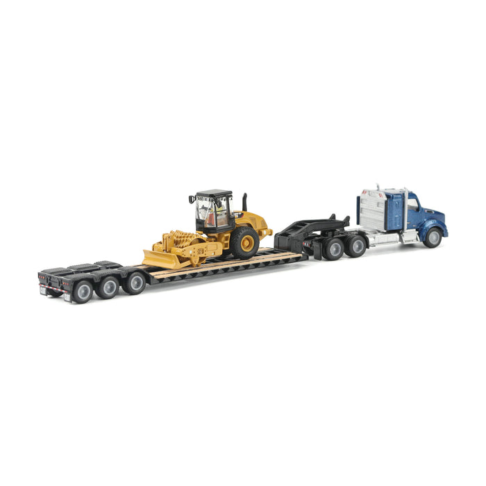 1:87 Blue Kenworth T880 Tractor with Lowboy Trailer and Cat Padfoot Roller