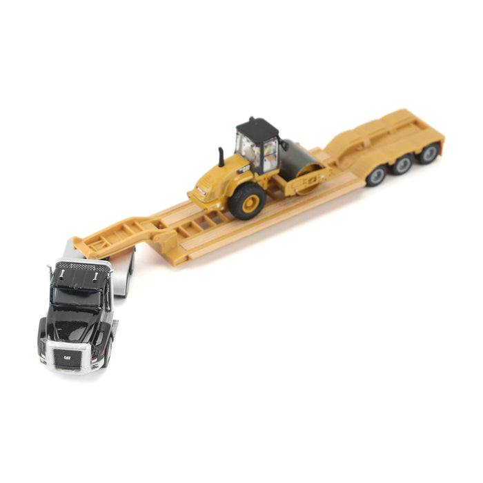 1:87 Black Kenworth T880 Tractor with Lowboy Trailer and Cat Roller