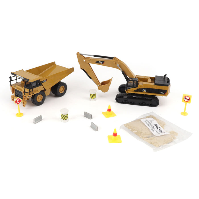 8 inch 1:64 Cat Diecast Models 2-Pack with Motion Sand and Accessories - Pack A: Cat 385 Excavator + Cat 775E Mining Truck