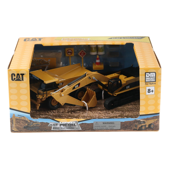 8 inch 1:64 Cat Diecast Models 2-Pack with Motion Sand and Accessories - Pack A: Cat 385 Excavator + Cat 775E Mining Truck