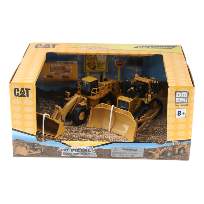 8 inch 1:64 Cat Diecast Models 2-Pack with Motion Sand and Accessories - Pack B: Cat 988H Wheel Loader + Cat D11 Track-Type Tractor