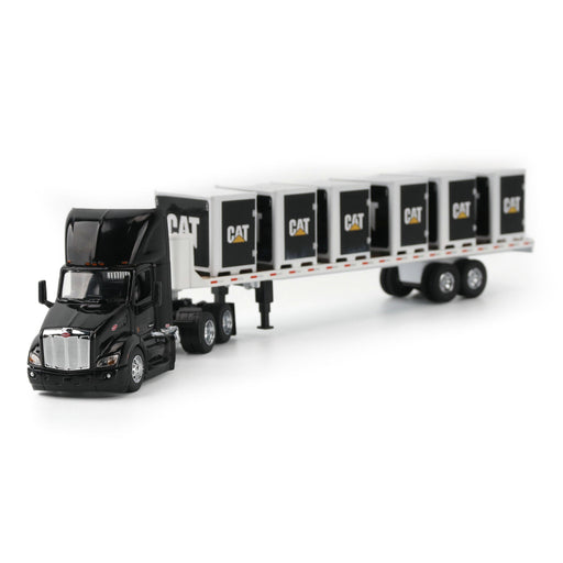1:64 Black Peterbilt Truck with Flatbed Trailer, includes one CAT Steer Loader and 6 Pallet Boxes