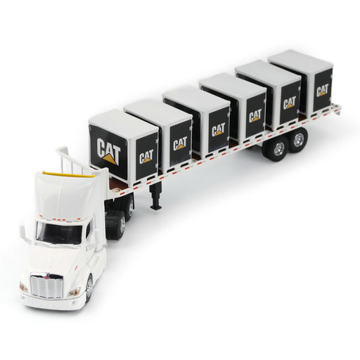 1:64 White Peterbilt Truck with Flatbed Trailer, includes one CAT Steer Loader and 6 Pallet Boxes