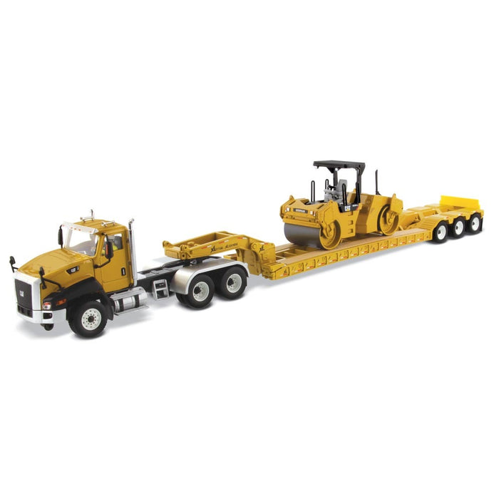 1:50 Scale Cat CT660 Day Cab Tractor & XL120 Low-Profile HDG Trailer with Cat CB-534D XW Vibratory Asphalt Compactor