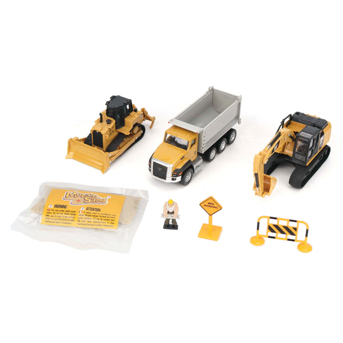 1:64 Cat Diecast Models 3-Pack Playset - Cat 320 Excavator + 660 Dump Truck + D6R Bulldozer with Motion Sand and Accessories