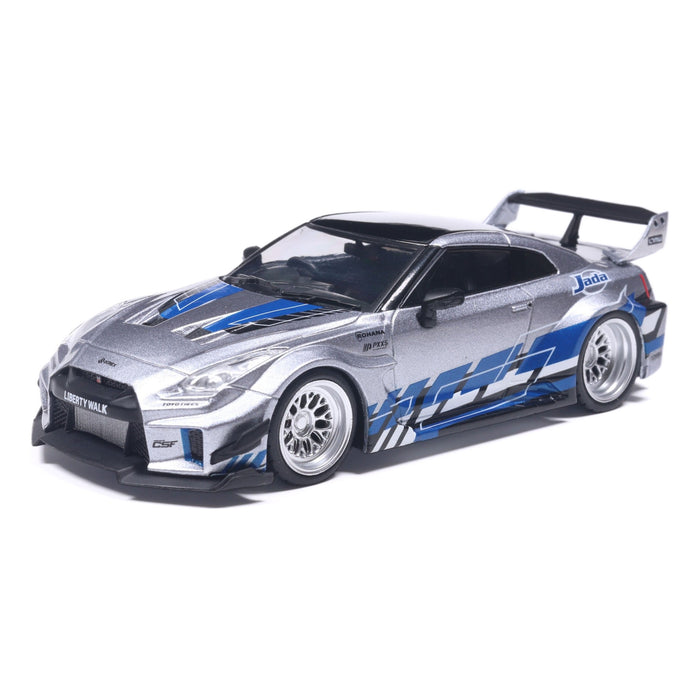 1:43 NISSAN GT-R (R35) LIBERTY WALK SILHOUETTE SILVER AND BLUE STRIPES 2020