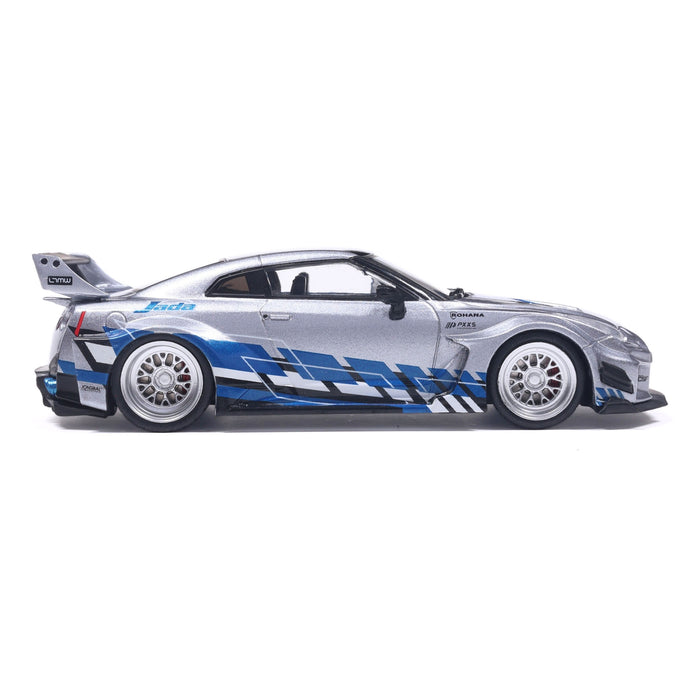 1:43 NISSAN GT-R (R35) LIBERTY WALK SILHOUETTE SILVER AND BLUE STRIPES 2020