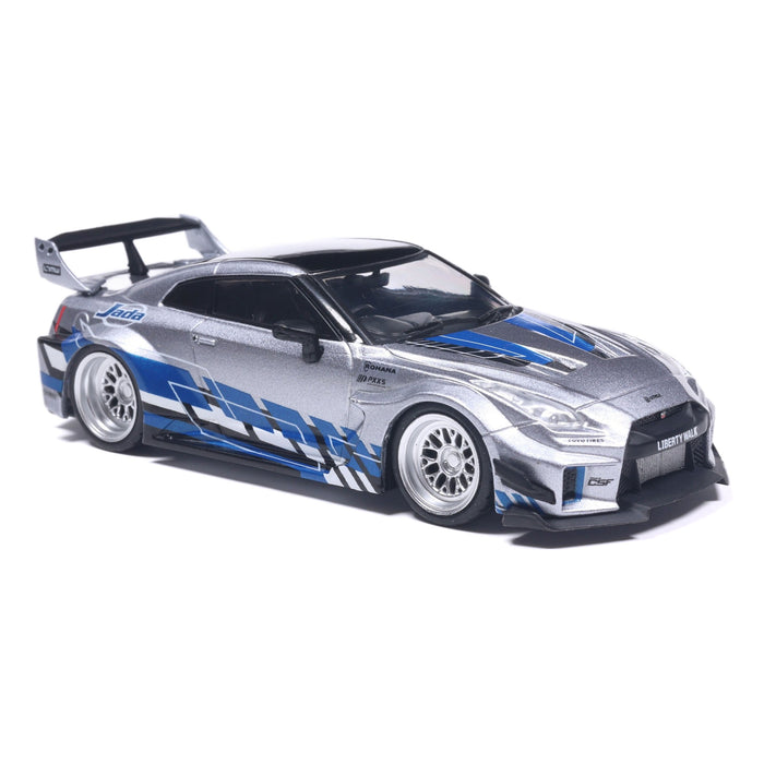 1:43 NISSAN GT-R (R35) LIBERTY WALK SILHOUETTE SILVER AND BLUE STRIPES 2020