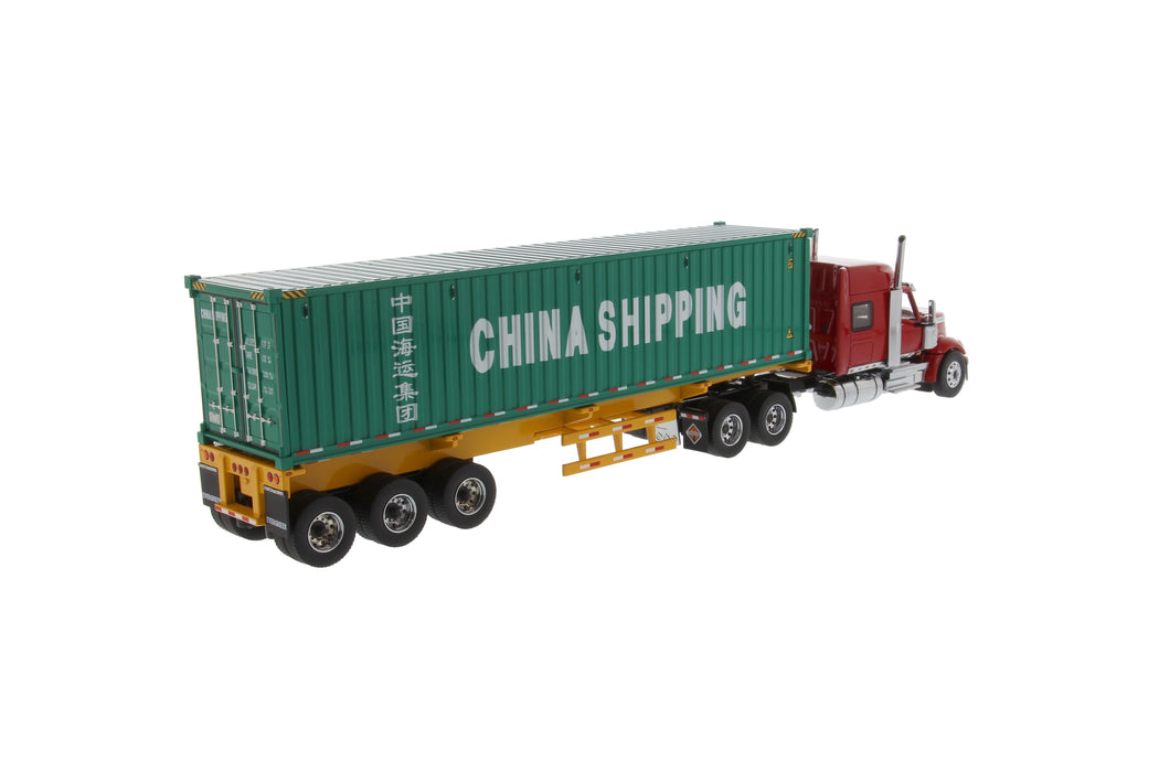 1:50 International Lne Star SFFA Tandem with 72" Sleeper and 40' Skelatal Trailer with 40' China Shipping Dry Goods Sea Container - Red