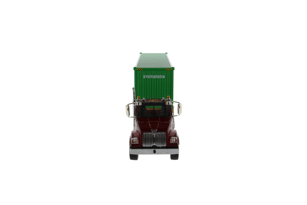 1:50 Western Star 4700 SFFA Tandem Day Cab with 40' Skelatal Trailer & Dry Goods Sea Container - Evergreen - Red & Green