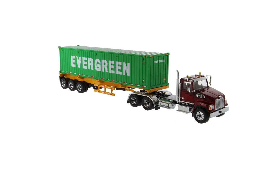 1:50 Western Star 4700 SFFA Tandem Day Cab with 40' Skelatal Trailer & Dry Goods Sea Container - Evergreen - Red & Green