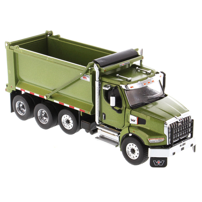 1:50 Western Star Tandem with Pusher Axle & Ox Bodies Stampede Dump – Opening Hood, Detroit Diesel Engine, Opening Doors with Cab Interior – Cab and Dump – Metallic Olive Green