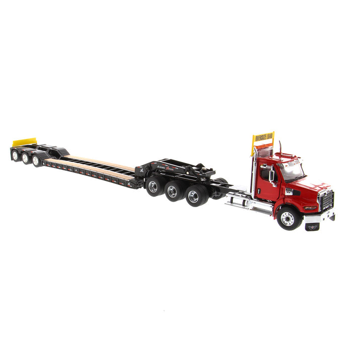 1:50 Western Star 49X SB Tridem Tractor - Opening Hood - Detroit Diesel Engine - Opening Doors & Interior XL 120 HDG Drop Deck Trailer, with Single & Tandem Axle Boosters Cab - Red + Trailer & Boosters - Black
