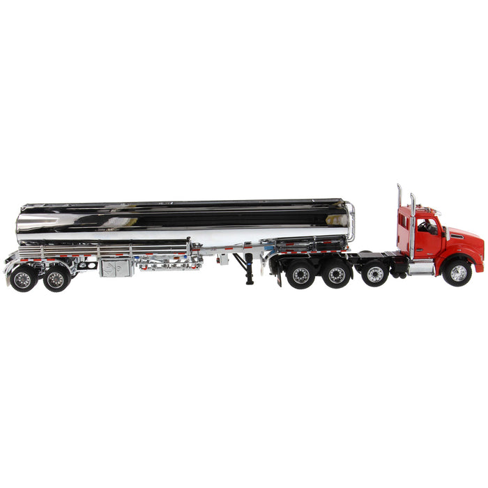 1:50 Kenworth T880S SBFA Tandem with Pusher Axle Day Cab with Heil FD9300/DT-C4 Petroleum Trailer - Tractor Red - Trailer Chrome