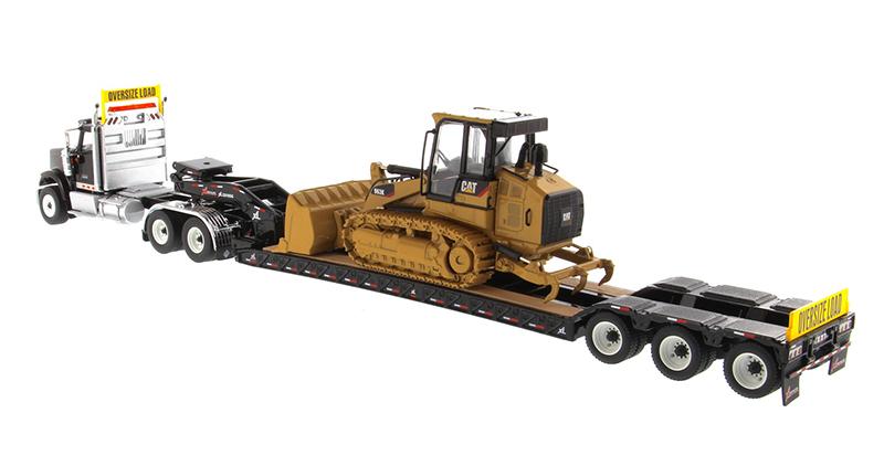 1:50 International HX520 Tandem Tractor + XL 120 Trailer, Black w/ Cat® 963K Track loader loaded including both rear boosters