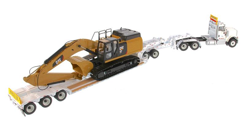 1:50 International HX520 Tandem Tractor + XL 120 Trailer outriggers, White w/ Cat®349F L XE Hydraulic Excavator loaded including both rear boosters and front jeep